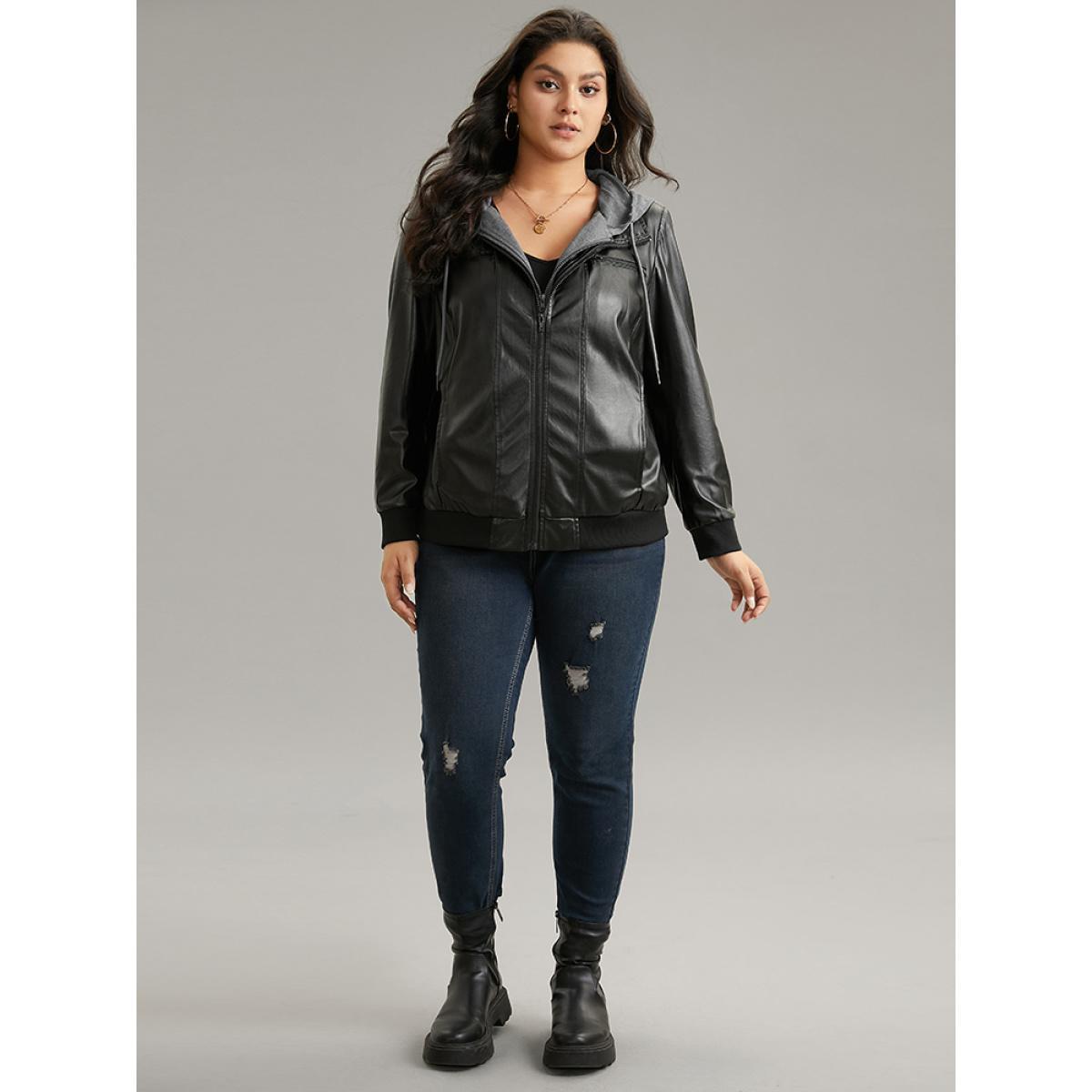 Plus Size PU Leather Patchwork Hooded Drawstring Rib Knit Jacket Women Black Rib Knit Pocket Dailywear Jackets BloomChic 18-20/2X Product Image