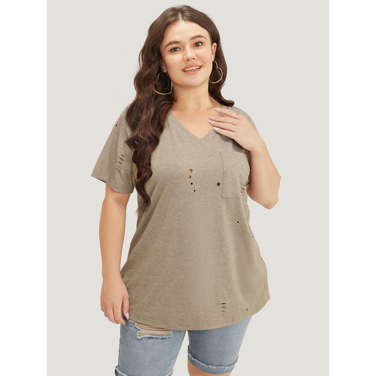 Plus Size Solid Distressed Detail Pocket T-shirt Tan Women Casual Cut-Out Plain V-neck Dailywear T-shirts BloomChic 14-16/1X Product Image