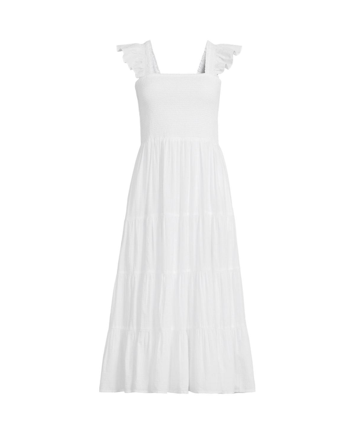 Women's Lands' End Cotton Dobby Smocked Ruffle Shoulder Midi Dress, Size: Large, White Product Image