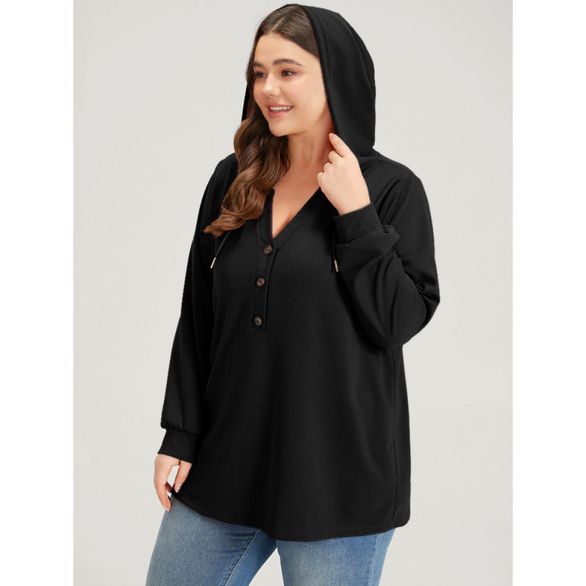 Plus Size Plain Button Up Drawstring Hooded Sweatshirt Women Black Casual Elastic cuffs Hooded Dailywear Sweatshirts BloomChic 28/5X Product Image