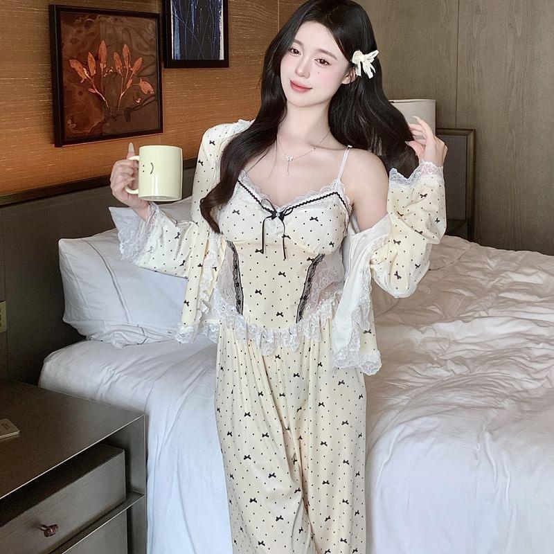 Pajama Set: Ribbon Camisole Top + Jacket + Pants Product Image