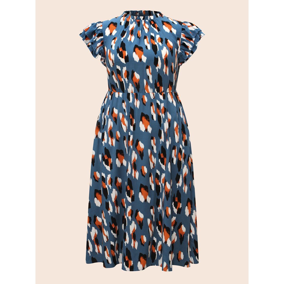 Plus Size Allover Print Frill Trim Flutter Sleeve Dress Aegean Women Office Gathered Mock Neck Sleeveless Curvy Midi Dress BloomChic 10/M Product Image