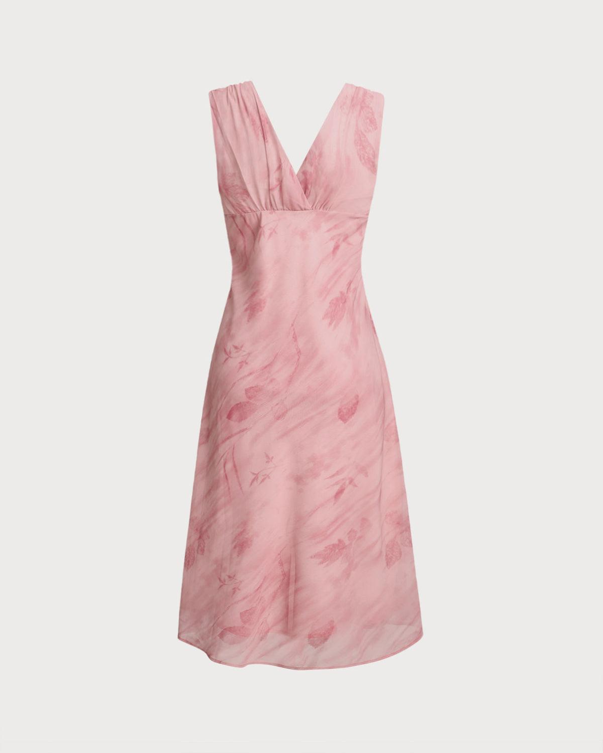 Pink Floral V Neck Sleeveless Midi Dress Product Image