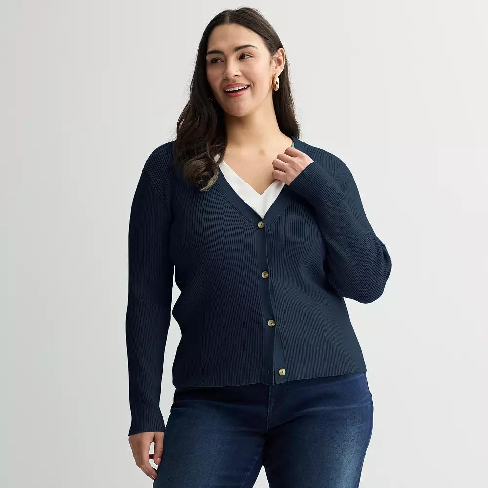 Plus Size Nine West Sweater Sculpt Ribbed Cardigan, Women's, Size: 4XL, Captain Product Image