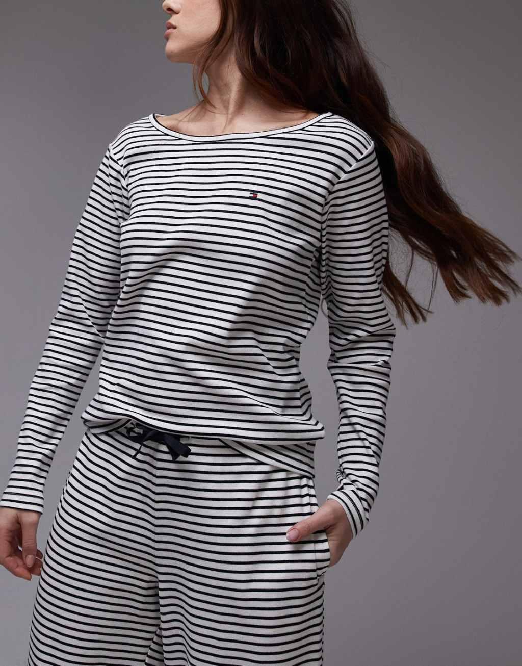 Tommy Hilfiger lounge jersey long sleeve tee and pants set in navy stripe Product Image