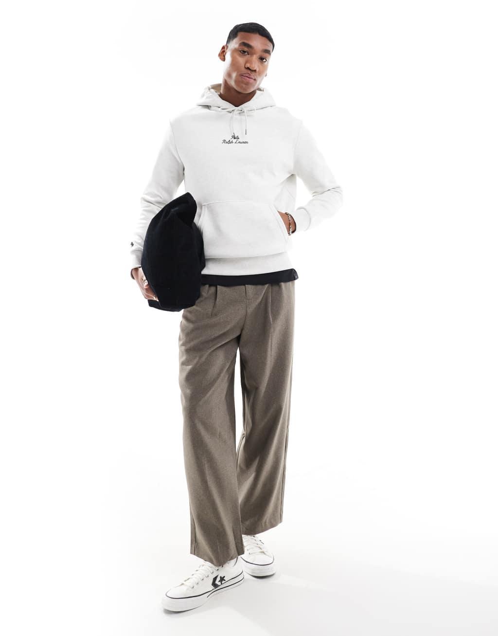 Polo Ralph Lauren central script logo double knit hoodie in heathered stone Product Image