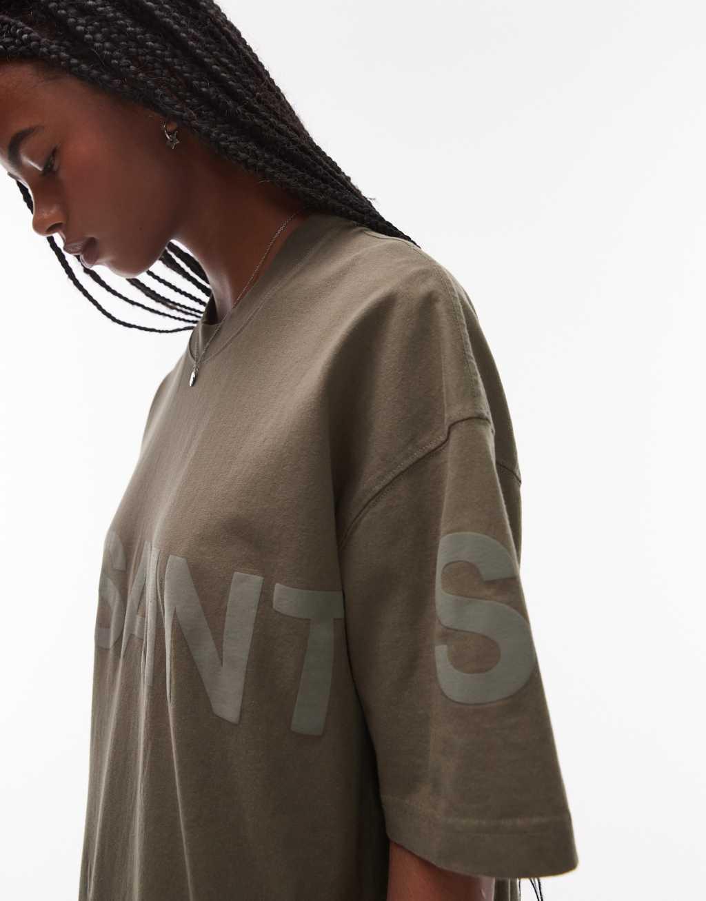 AllSaints Biggy tonal logo oversized t-shirt in khaki Product Image