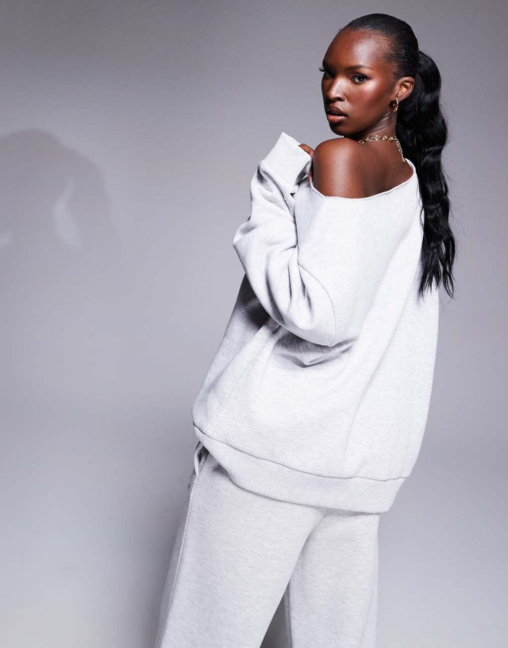 Weekend Collective off shoulder sweatshirt with logo embroidery in ice heather Product Image