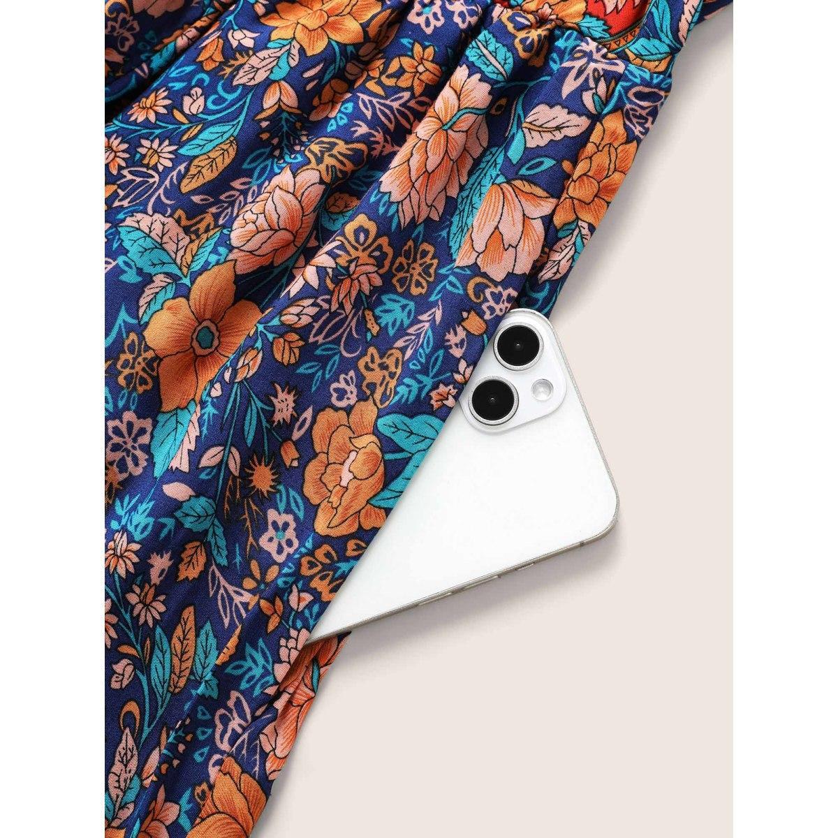 Plus Size Bandana Surplice Neck Pocket Belted Flutter Hem Maxi Dress DarkBlue Women Resort Non V-neck Short sleeve Curvy Long Dress BloomChic 14-16/1X Product Image