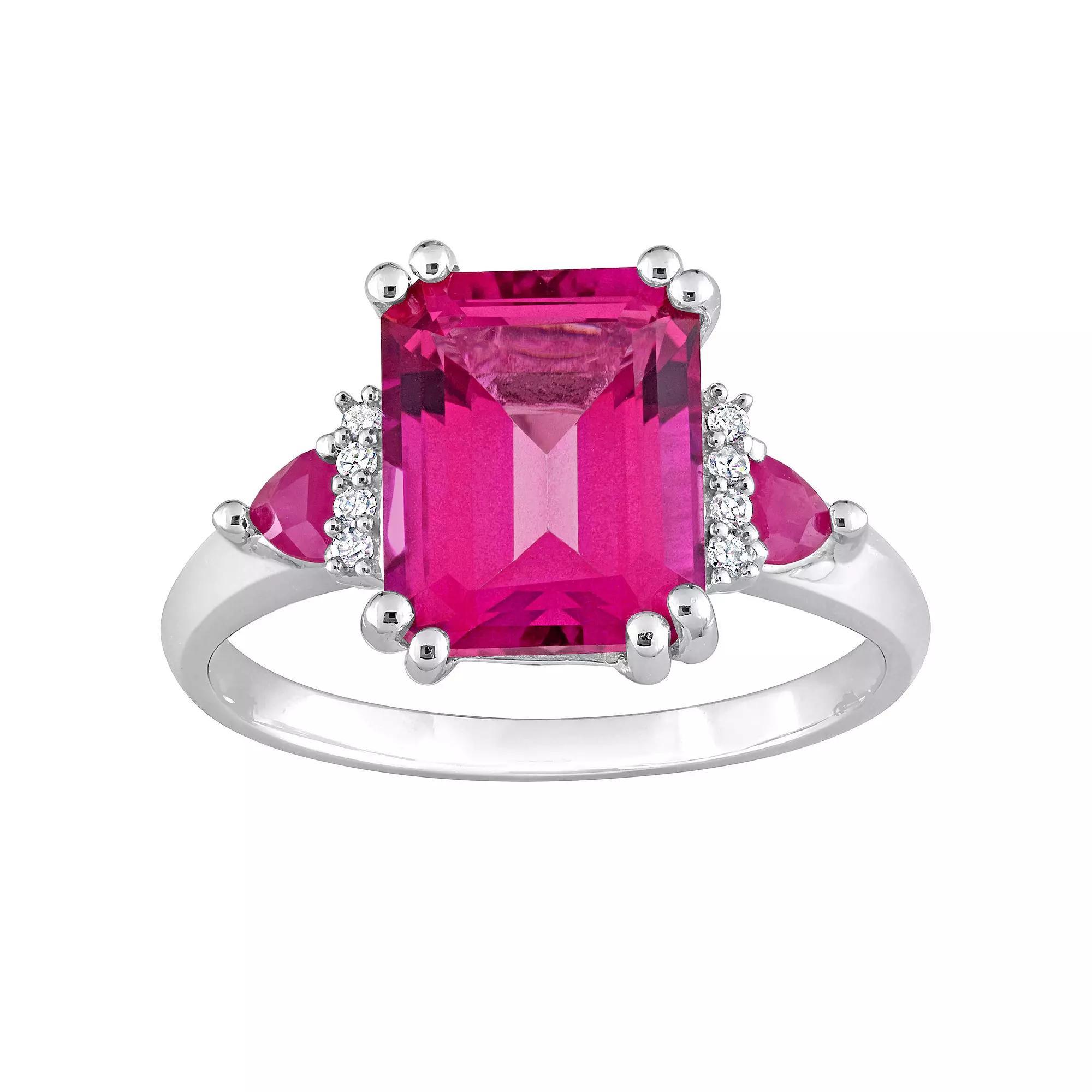 Stella Grace Sterling Silver Pink Topaz, Ruby & Diamond Accent 3-Stone Ring, Women's, Size: 5 Product Image