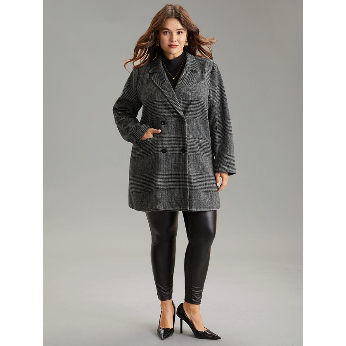 Plus Size Plaid Double Breasted Patched Pocket Tunic Coat Women DimGray Casual Texture Ladies Dailywear Winter Coats BloomChic 14-16/1X Product Image