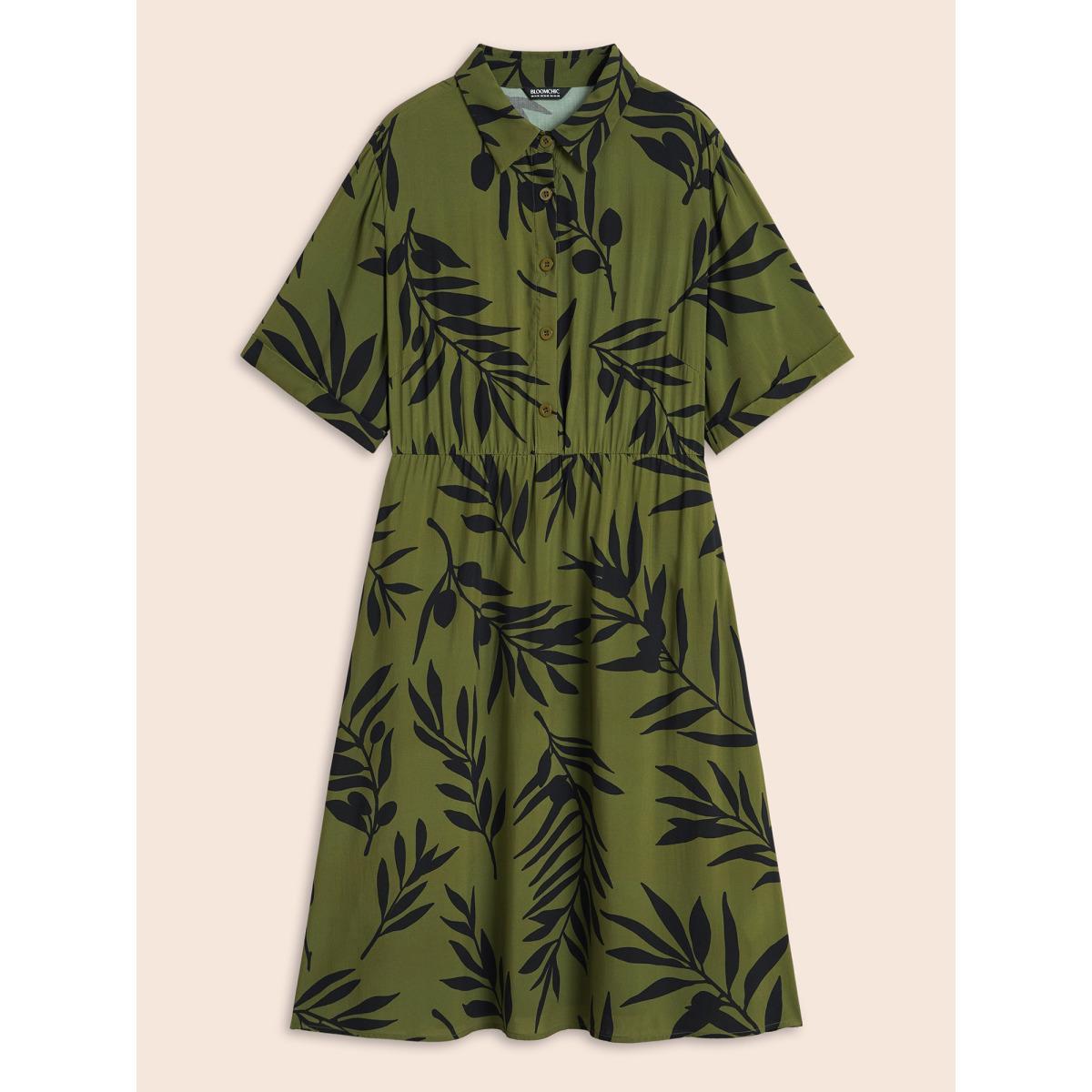 Plus Size Tropical Print Shirt Collar Midi Dress ArmyGreen Women Elegant Button Shirt collar Short sleeve Curvy BloomChic 18-20/2X Product Image