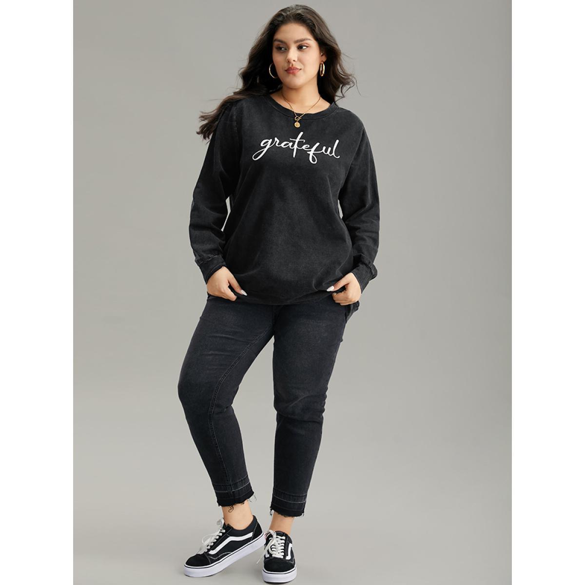 Plus Size Solid Letter Print Crew Neck Sweatshirt Women Black Casual Printed Dailywear Sweatshirts BloomChic 22-24/3X Product Image