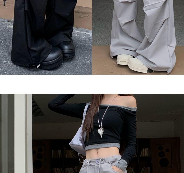 Drawstring Waist Plain Wide Leg Cargo Pants Product Image