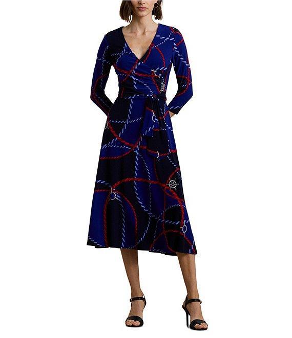 Lauren Ralph Lauren Rope Print Stretch Jersey Surplice V-Neck 3/4 Sleeve Self-Tie Belt A-Line Dress Product Image