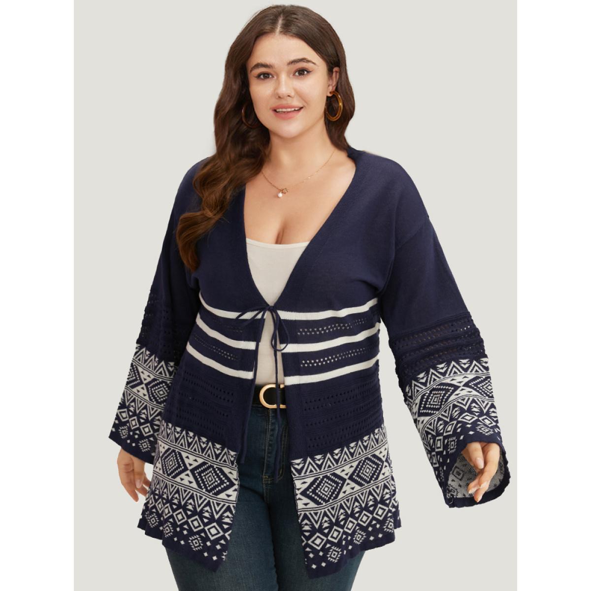 Plus Size Bandana Print Geo Eyelet Ties Front Cardigan Indigo Women Casual Loose Long Sleeve Everyday Cardigans BloomChic 10/M Product Image