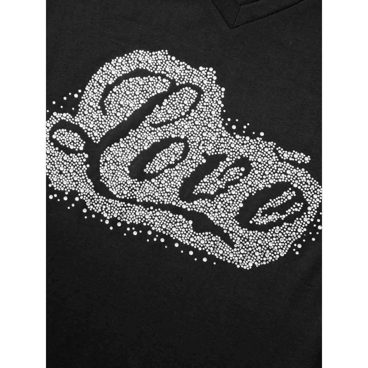 Plus Size Love Rhinestone V Neck T-shirt Black Women Casual Rhinestone detailing Art&design Everyday T-shirts BloomChic 10/M Product Image