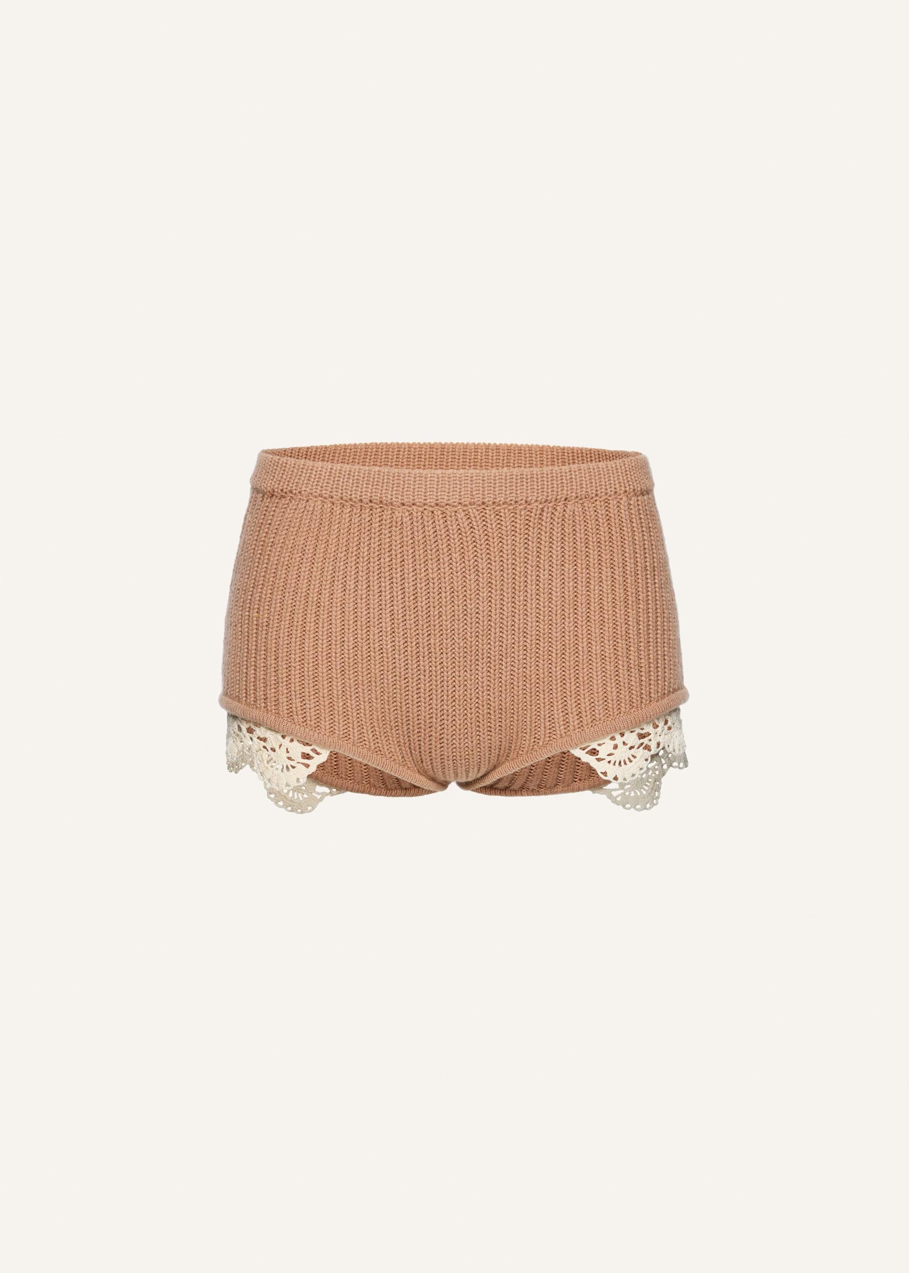 Lace detail ribbed knitwear shorts in caramel Product Image