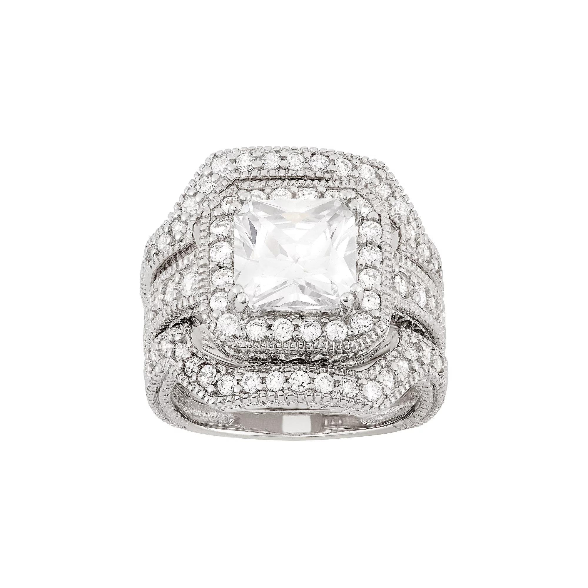 Cubic Zirconia Halo Engagement Ring Set in Sterling Silver, Women's, Size: 9 Product Image