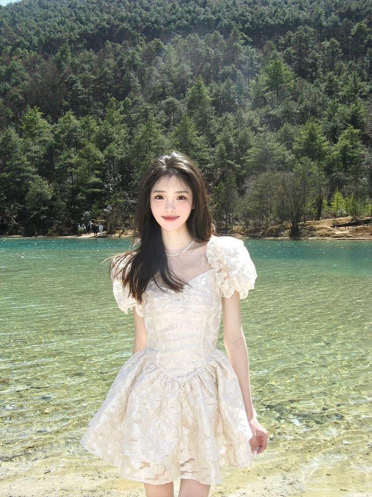 Puff-Sleeve Square-Neck Mini A-Line Lace Dress Product Image