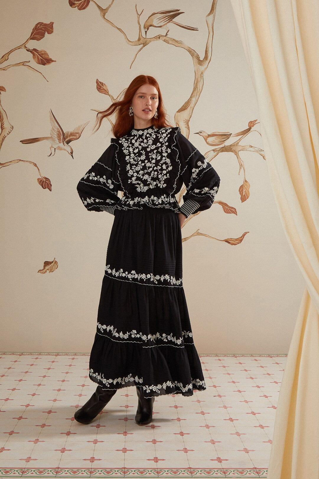 Black Embroidered Ruffle Longe Sleeve Blouse, BLACK / XS Product Image