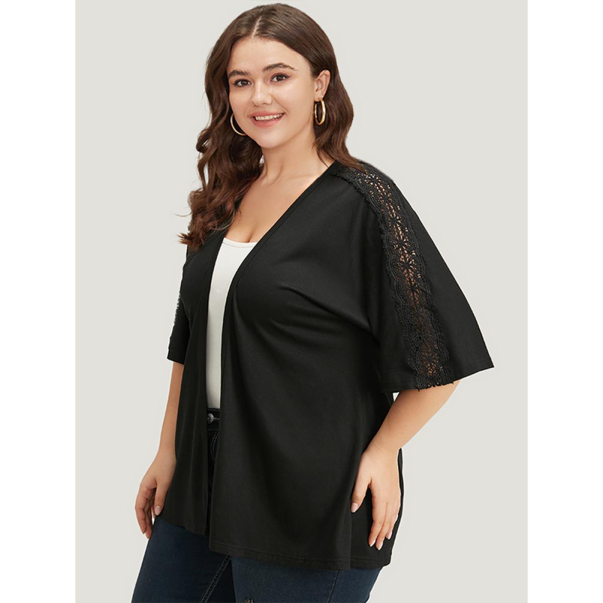 Plus Size Halloween Supersoft Essentials Plain Lace Panel Open Front Kimono Women Black Casual Plain Dailywear Kimonos BloomChic 30/6X Product Image