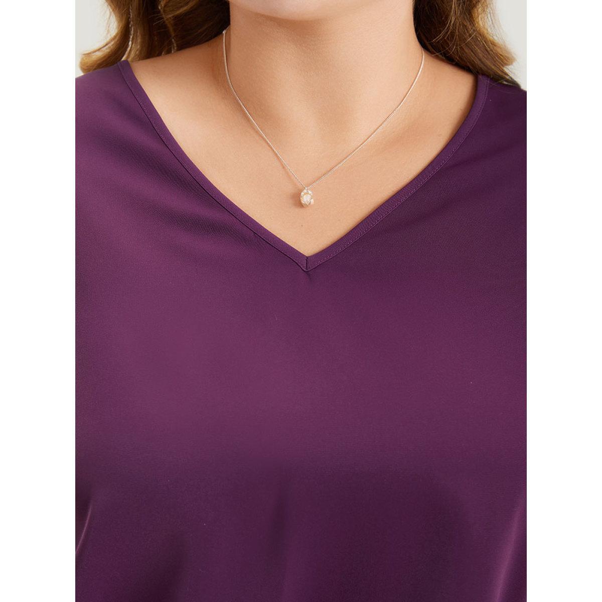 Plus Size Purple Anti-Wrinkle Plain V Neck Mesh Patchwork Flutter Sleeve Blouse Women Office Half Sleeve V-neck Work Blouses BloomChic 26/4X Product Image