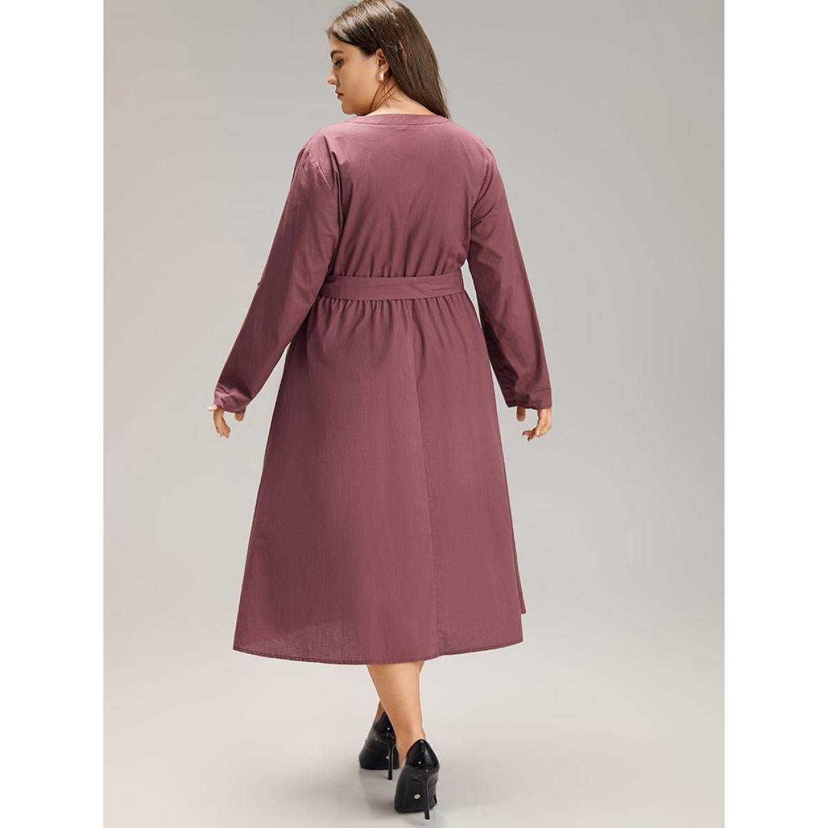 Plus Size Cotton Solid Buckle Detail Pocket Dress Burgundy Women Office Plain Shirt collar Long Sleeve Curvy Midi Dress BloomChic 26/4X Product Image
