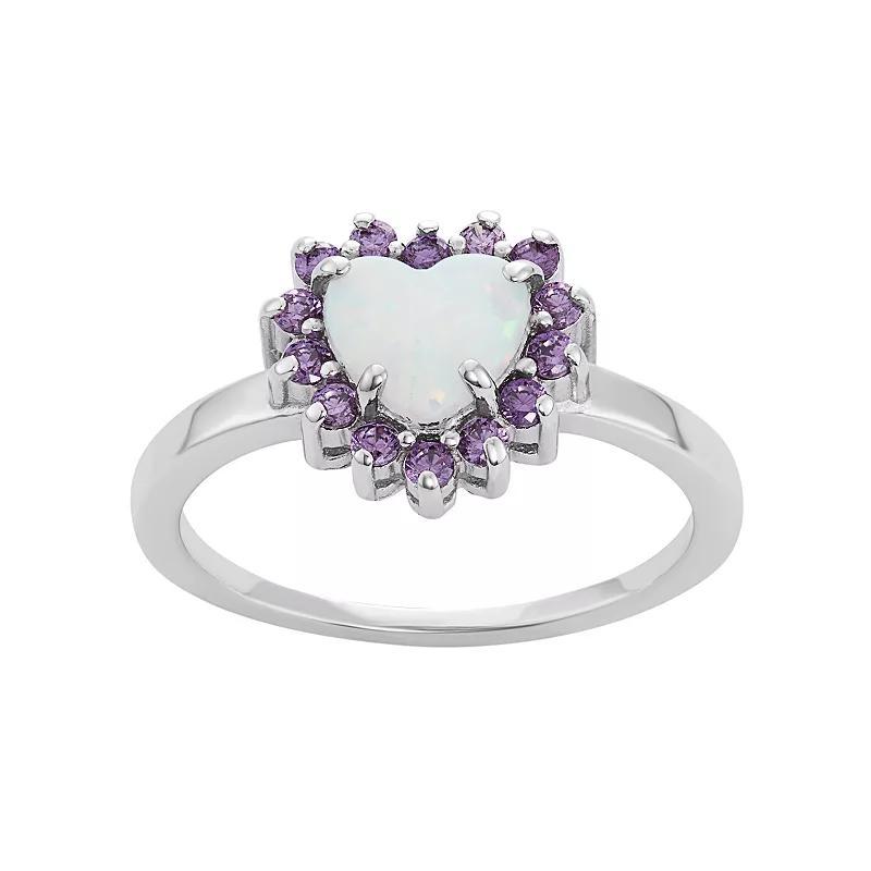 Sterling Silver Lab-Created Opal & Cubic Zirconia Heart Halo Ring, Women's, Size: 9, Purple Product Image