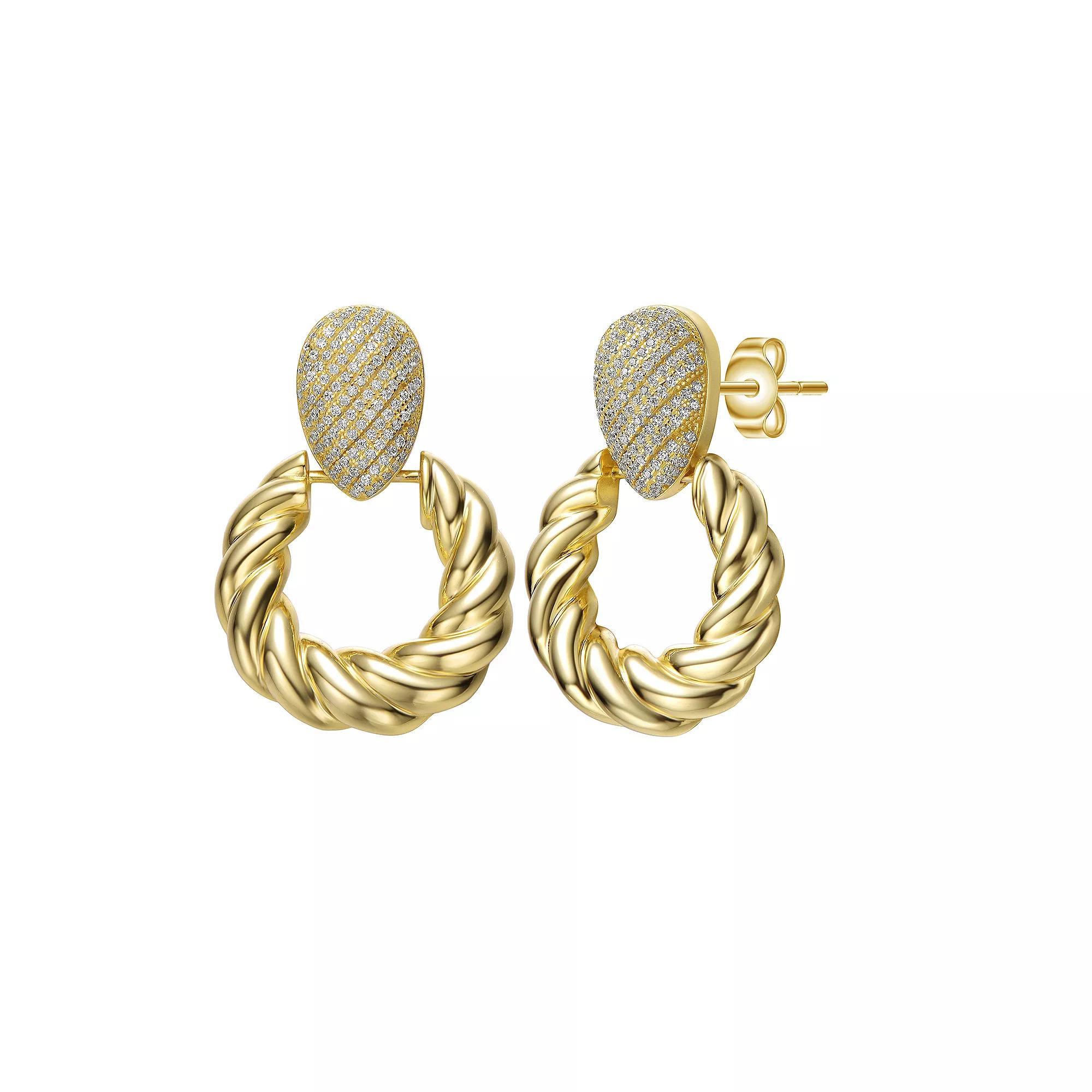 14k Yellow Gold Plated Cubic Zirconia Pave Twisted Rope Doorknocker Drop Earrings, Womens, Gold Tone Product Image