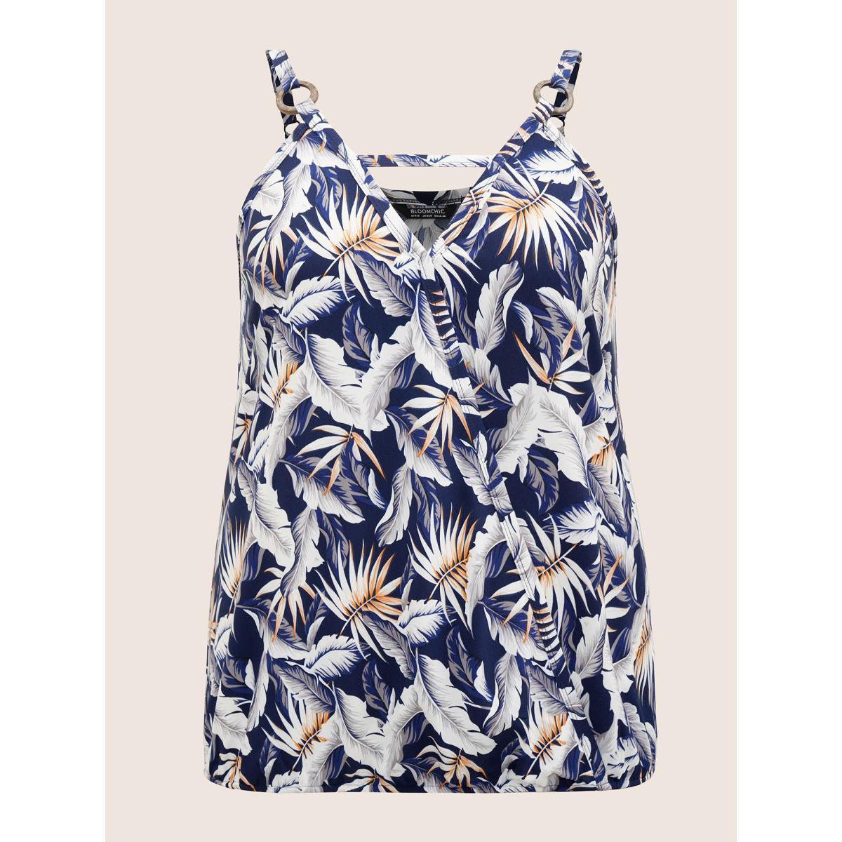 Plus Size Tropical Print Wrap Cut Out Cami Top Women Indigo Resort Overlapping Notched collar Vacation Tank Tops Camis BloomChic 12/L Product Image