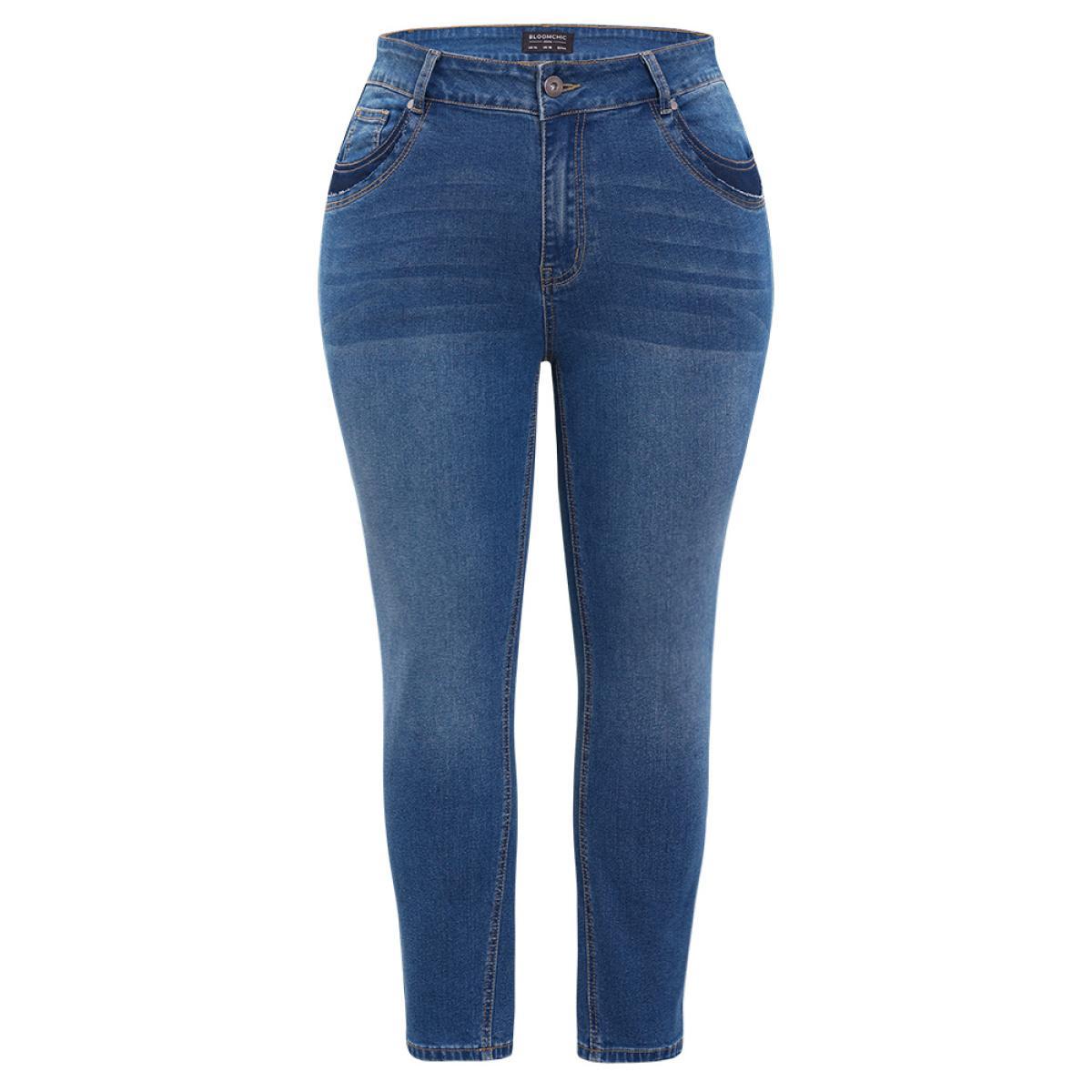 Plus Size Very Stretchy High Rise Medium Wash Patched Patchwork Jeans Women Indigo Casual Plain Patchwork High stretch Pocket Jeans BloomChic 30/6X Product Image