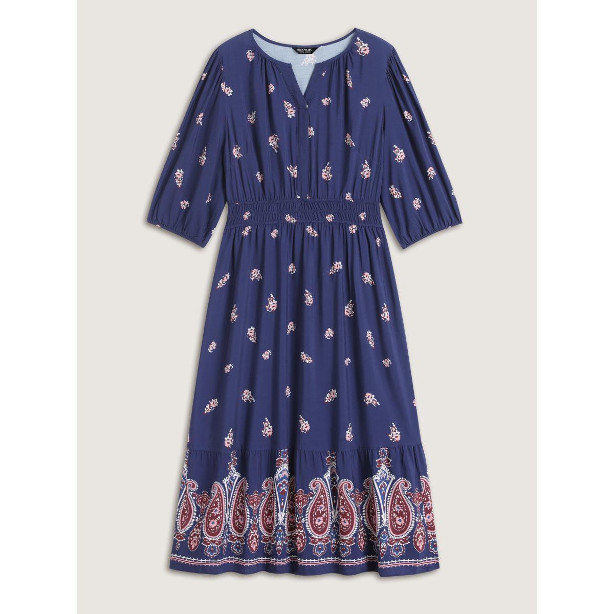 Plus Size Paisley Print Shirred Waist Midi Dress DarkBlue Women Flat collar with V-notch Elbow-length sleeve Curvy BloomChic 14-16/1X Product Image