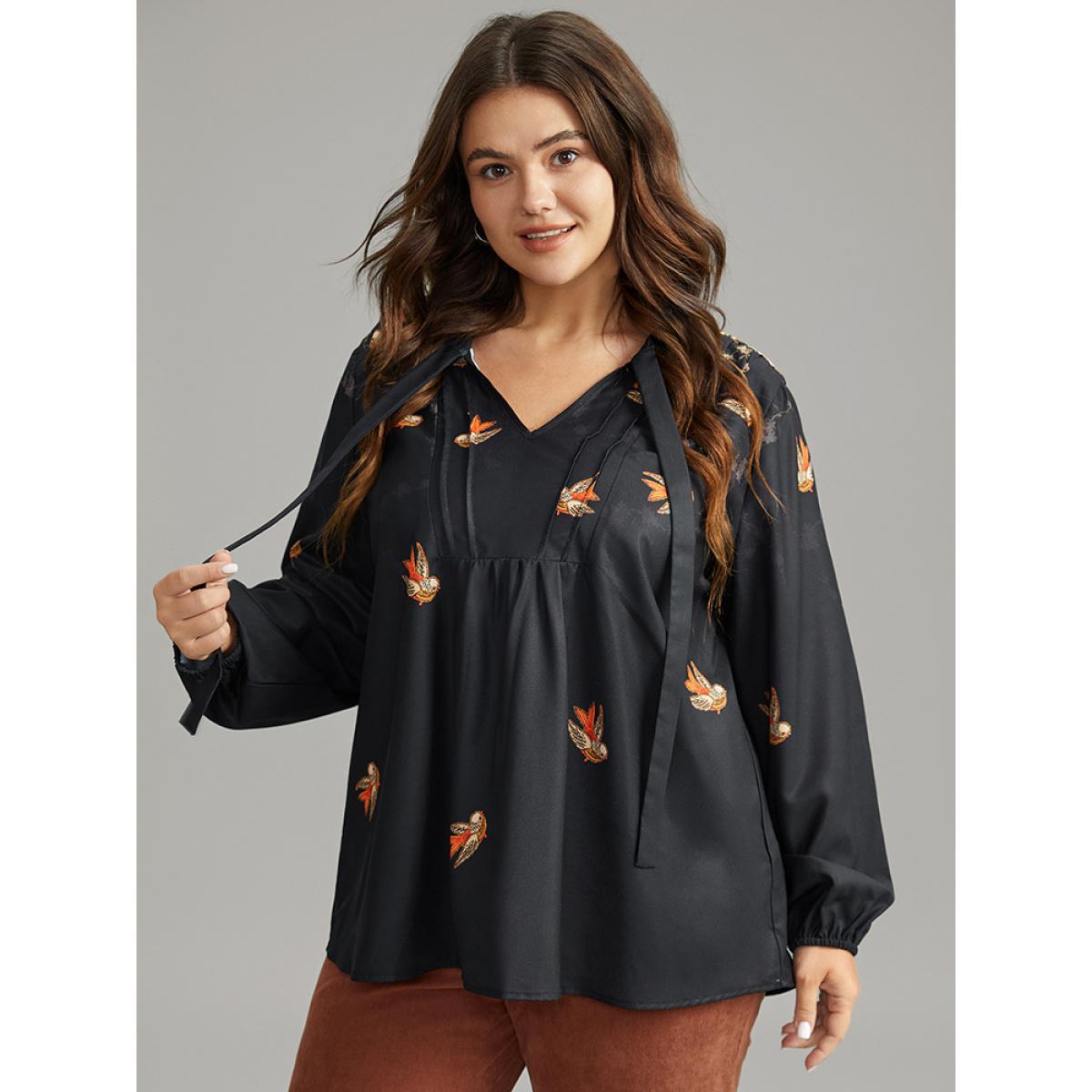 Plus Size Black Boho Print Ties Lantern Sleeve Blouse Women Elegant Long Sleeve Tie Neck Dailywear Blouses BloomChic 28/5X Product Image
