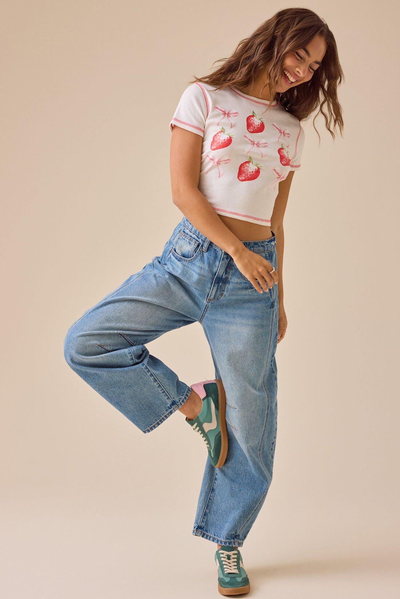 Bow and Strawberry Grid Graphic Tee Product Image