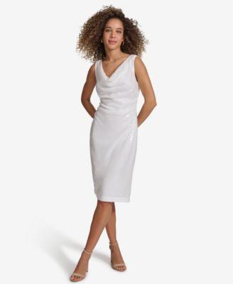 kensie Womens Sequined Mesh Cowlneck Ruched Dress Product Image