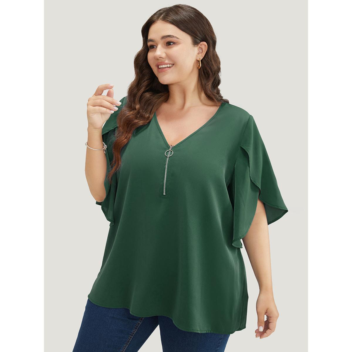 Plus Size ArmyGreen Solid Half Zipper Split Petal Sleeve Blouse Women Office Half Sleeve V-neck Work Blouses BloomChic 12/L Product Image