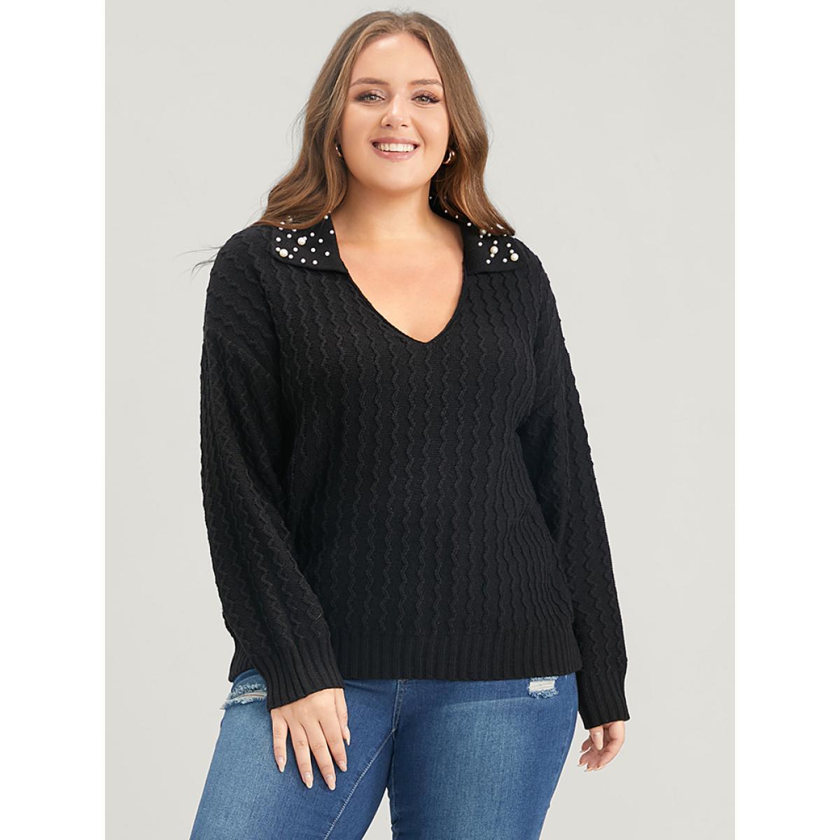 Plus Size Solid Pointelle Knit Pearls Beaded Collar Neck Knit Top Black Women Elegant Long Sleeve Lapel Collar Dailywear Pullovers BloomChic 22-24/3X Product Image