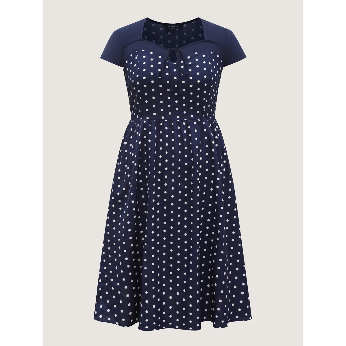 Plus Size Polka Dots Stretchy Waist Pockets Midi Dress Navy Women Heart neckline Cap Sleeve Curvy BloomChic 18-20/2X Product Image