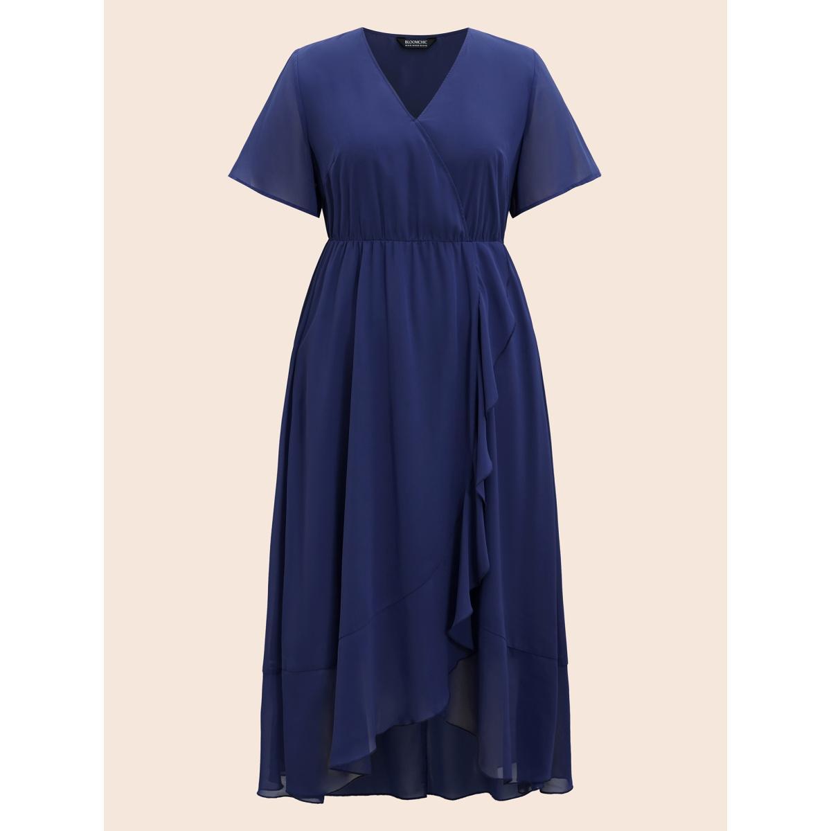 Plus Size Chiffon Overlap Collar Ruffle Sleeve Dress DarkBlue Women Formal See through Overlap Collar Short sleeve Curvy BloomChic 10/M Product Image