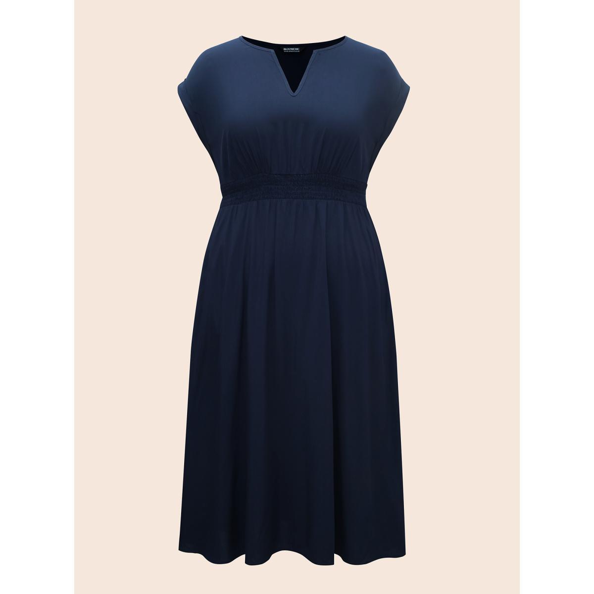 Plus Size Plain Shirred Cap Sleeve Midi Dress Indigo Women Elegant Shirred V-neck Cap Sleeve Curvy BloomChic 10/M Product Image