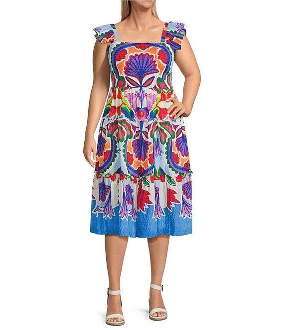 Vince Camuto Plus Size Smocked Square Neck Sleeveless Printed Fit And Flare Midi Dress Product Image