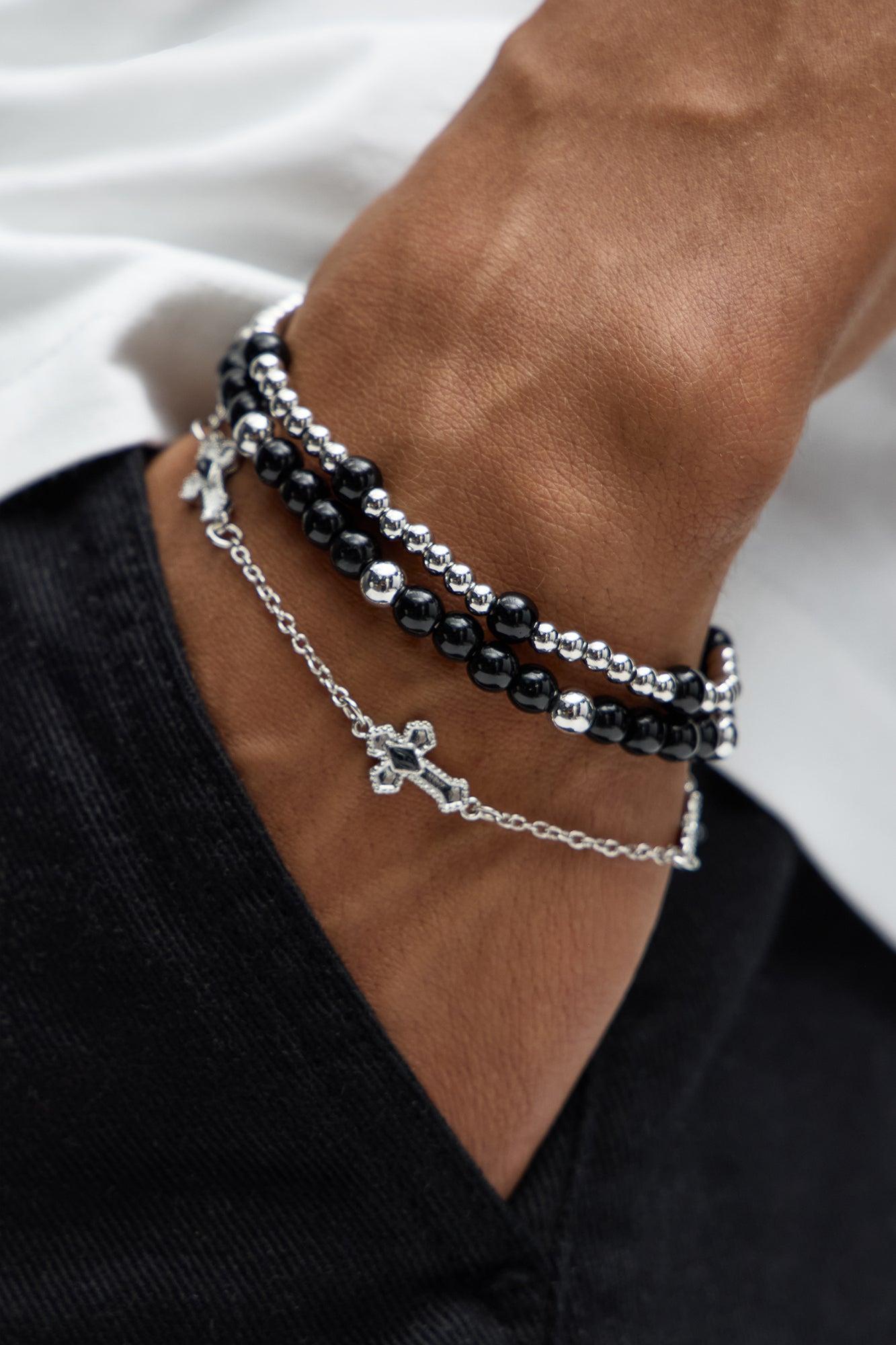 Jubilee Beaded Bracelet Set - Silver/Black Product Image