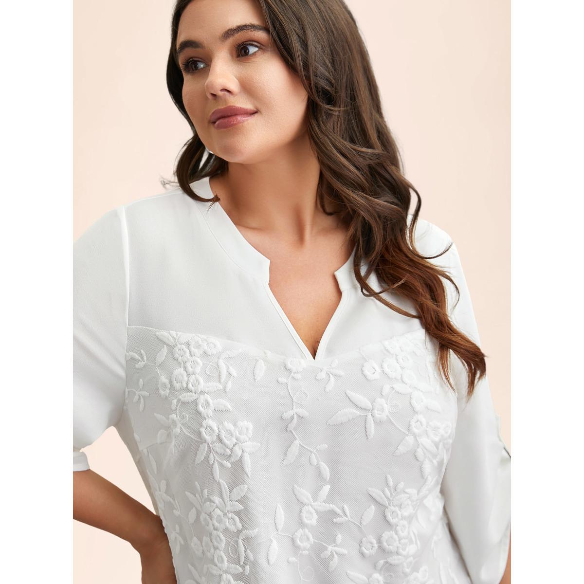 Plus Size WhiteSmoke Lace Patchwork Gathered Tab Sleeve Shirt Women Casual Elbow-length sleeve Notched collar Everyday Blouses BloomChic 12/L Product Image