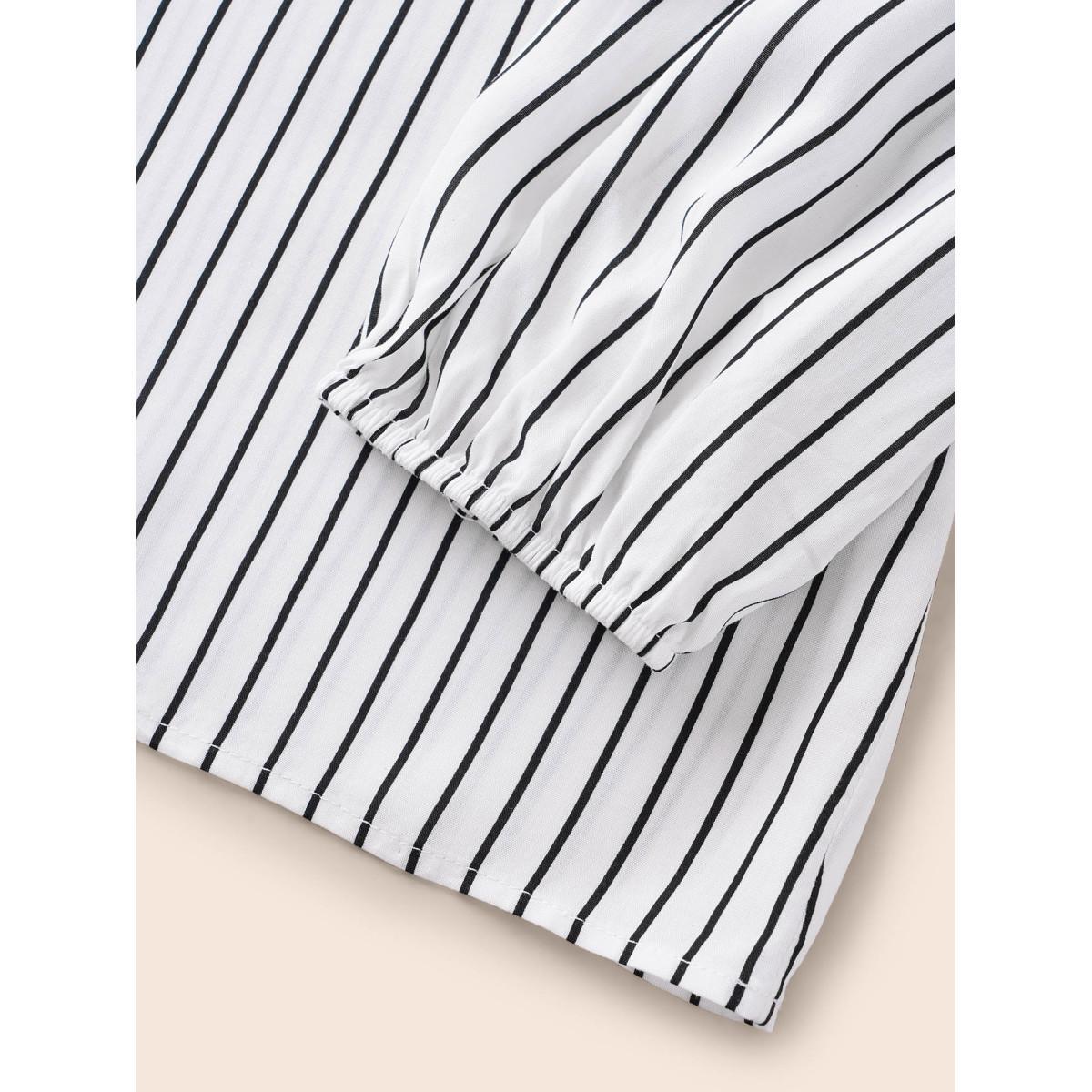 Plus Size WhiteSmoke Striped Lapel Collar Lantern Sleeve Blouse Women Workwear Essentials Long Sleeve V-neck Work Blouses BloomChic 14-16/1X Product Image