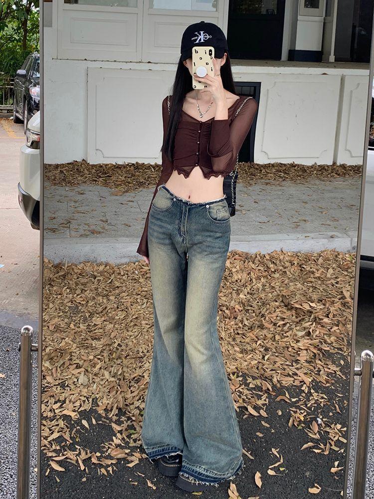 Low Rise Frayed Bell Bottom Jeans Product Image