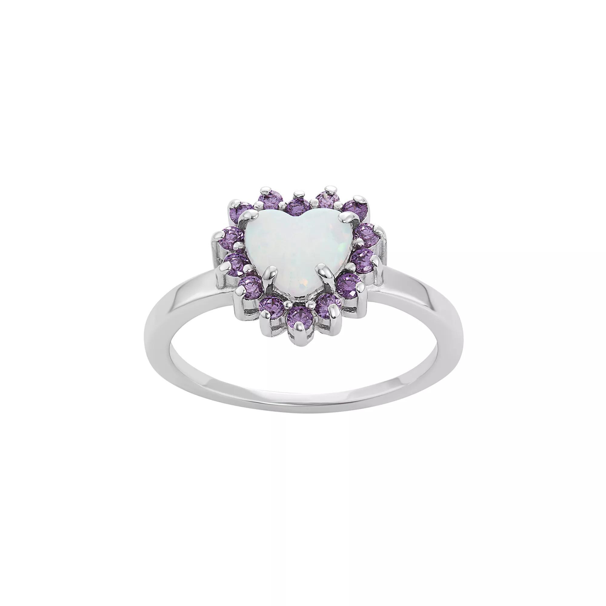 Sterling Silver Lab-Created Opal & Cubic Zirconia Heart Halo Ring, Women's, Size: 9, Purple Product Image