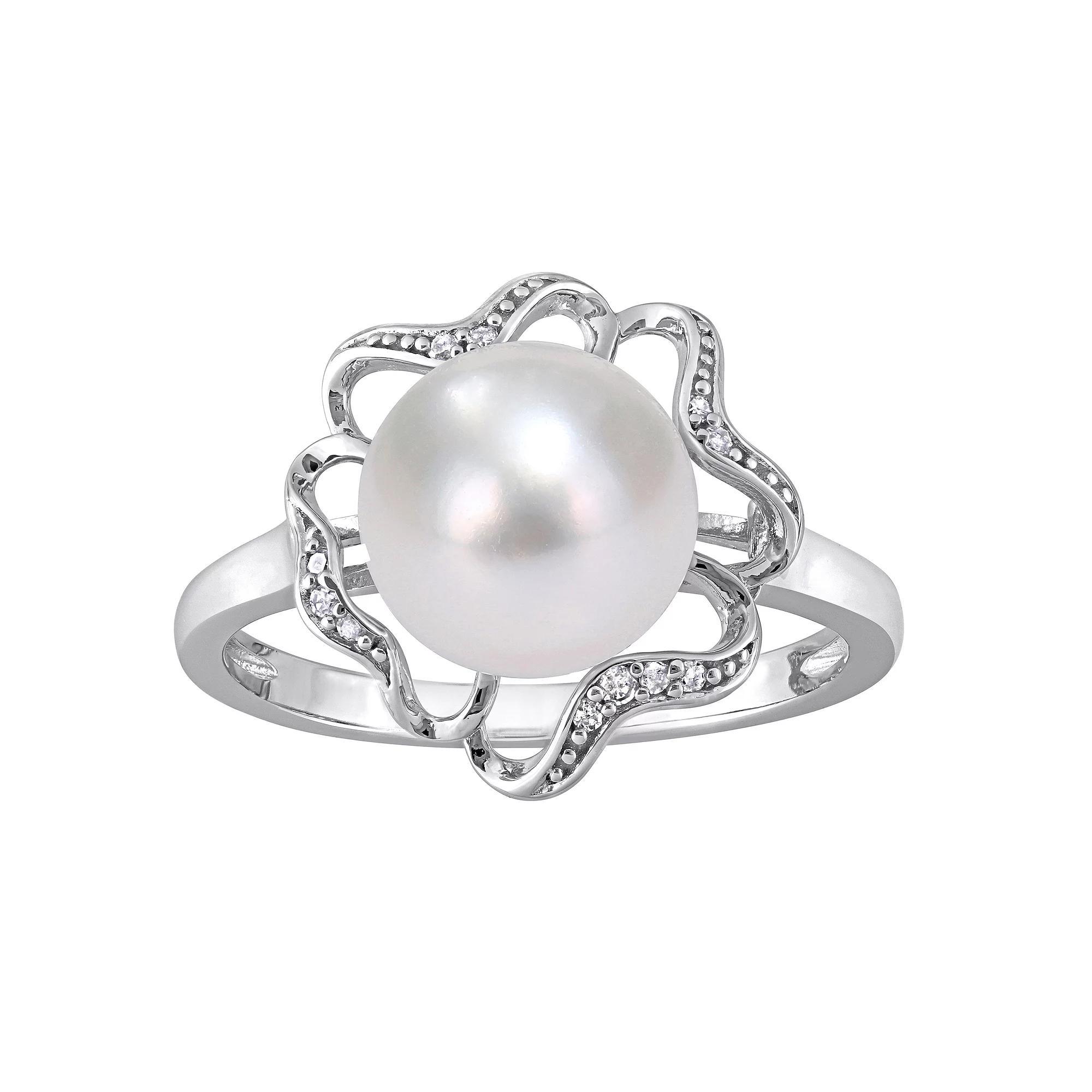 Stella Grace Sterling Silver Freshwater Cultured Pearl & Diamond Accent Flower Cocktail Ring, Women's, Size: 5 Product Image