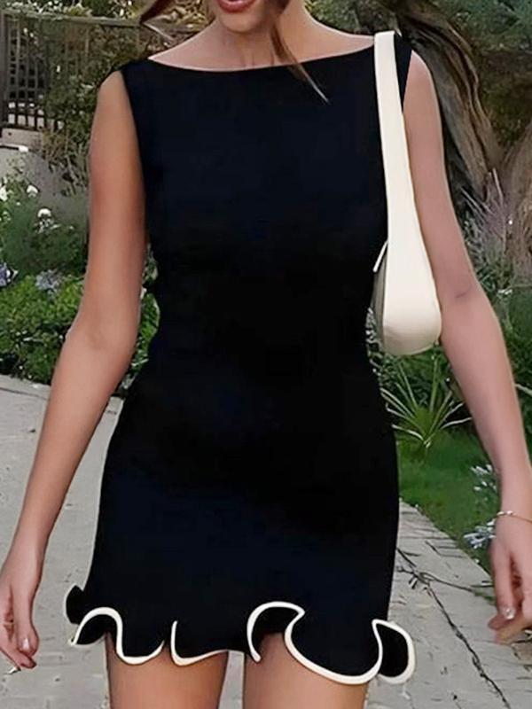 High Waisted Sleeveless Ruffle Trim Solid Color Round-Neck Mini Dresses Product Image