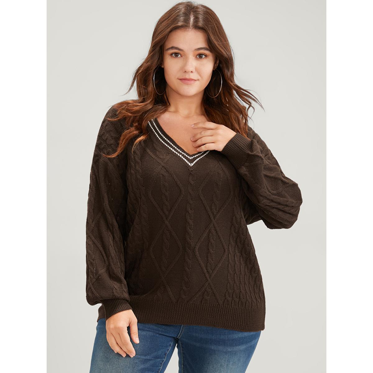 Plus Size Contrast Trim Pointelle Knit V Neck Lantern Sleeve Knit Top DarkBrown Women Elegant Long Sleeve V-neck Dailywear Pullovers BloomChic 28/5X Product Image